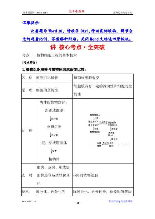 2021版高考人教版通用生物核心讲练大一轮复习讲+核心考点·全突破+选修3.2 植物细胞工程+Word版含答案