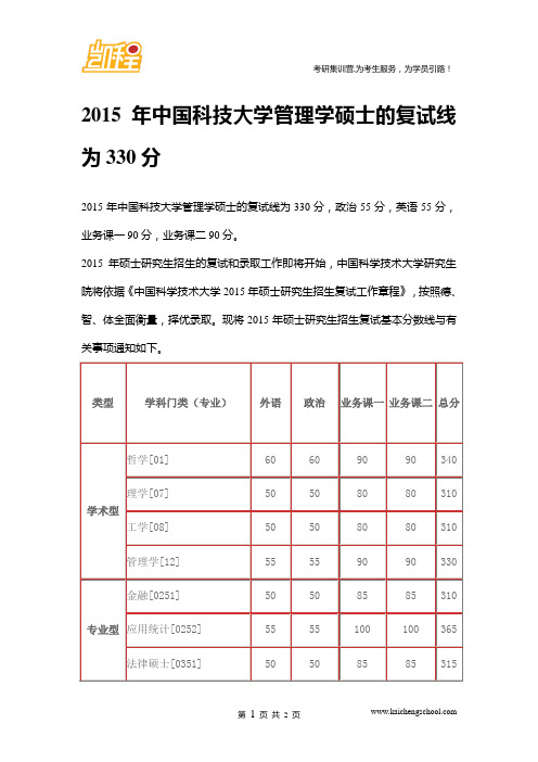 2015年中国科技大学工学硕士的复试线为330分