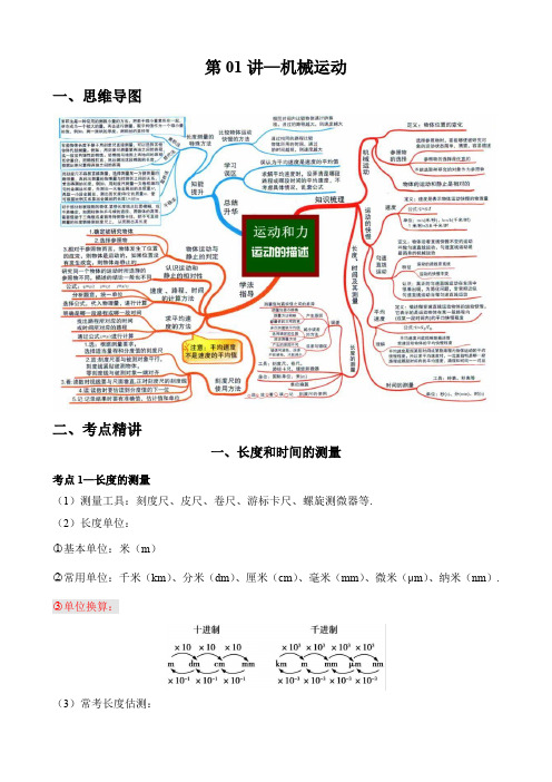 第01讲—机械运动(思维导图+考点精讲+例题精析)—2023年中考物理一轮复习讲练测(解析版)