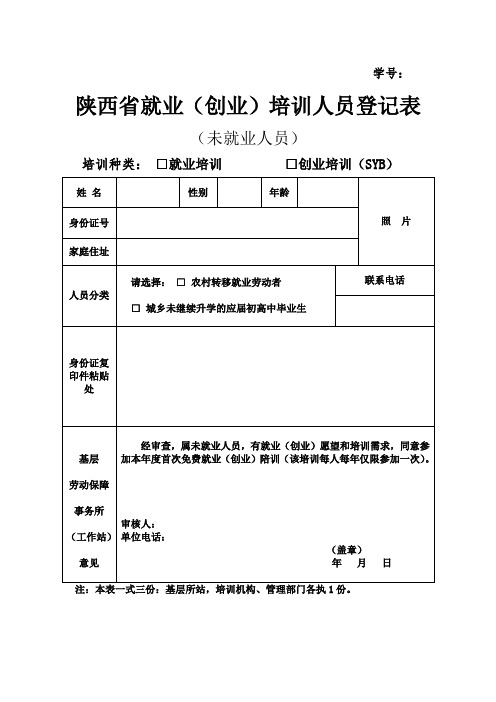 最新陕西省syb就业(创业)培训人员登记表