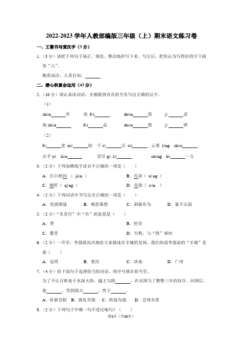 2022-2023学年人教部编版三年级上册期末语文练习卷 (15)(含解析)