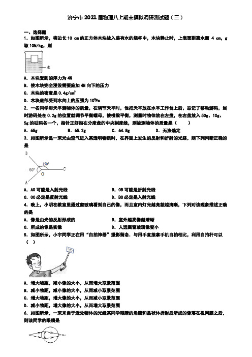 济宁市2021届物理八上期末模拟调研测试题(三)