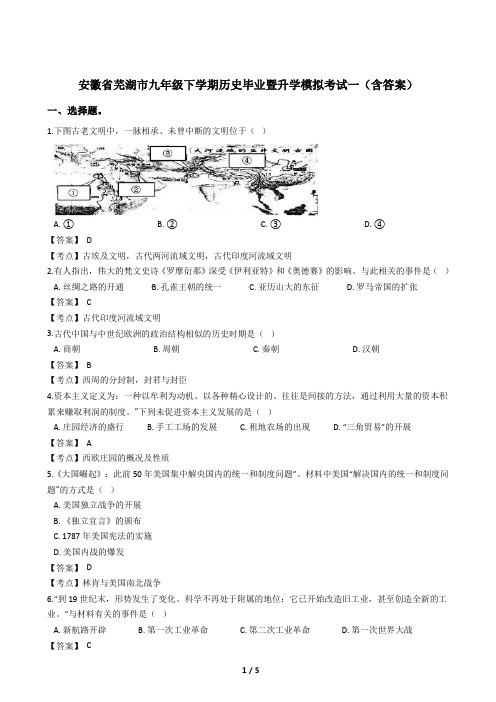 安徽省芜湖市九年级下学期历史毕业暨升学模拟考试一(含答案)