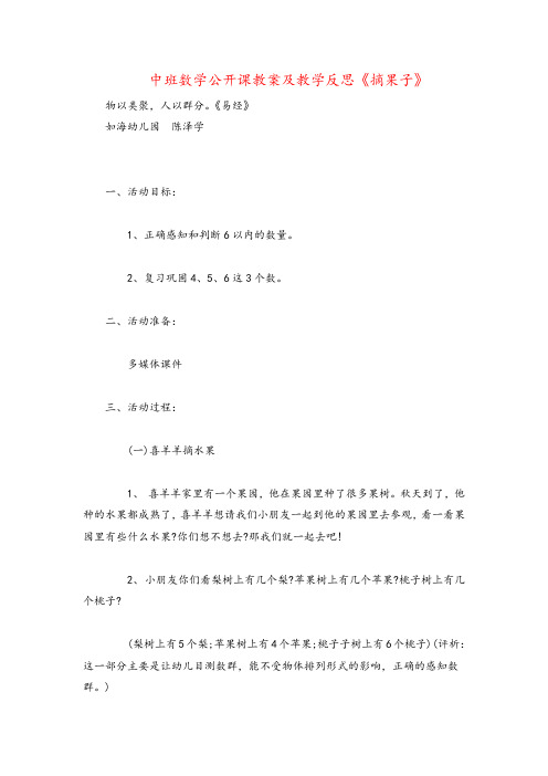 中班数学公开课教案及教学反思《摘果子》