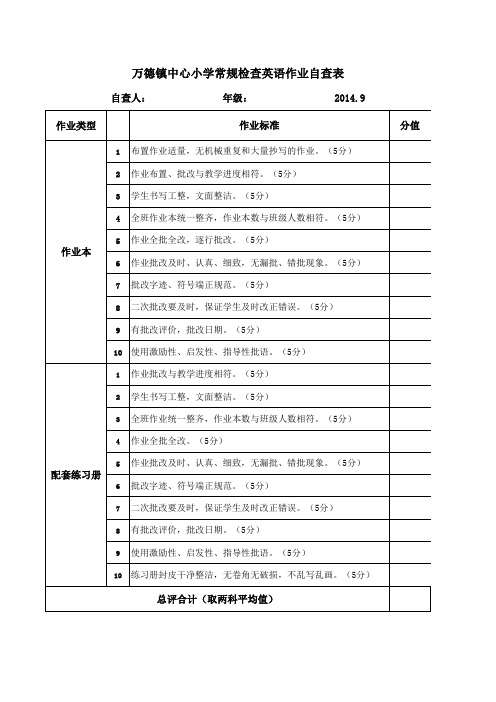 英语作业常规检查自查表