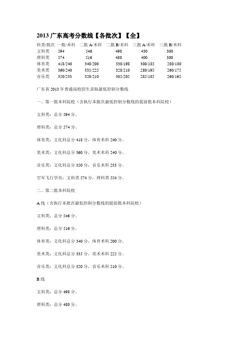 2013广东高考分数线【各批次】【全】l