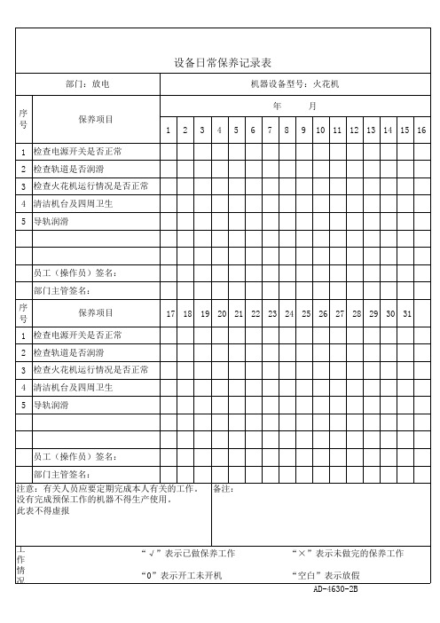 火花机设备日常保养记录表样板