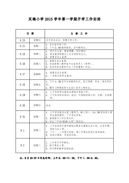 双梅小学2015学年第一学期开学工作安排