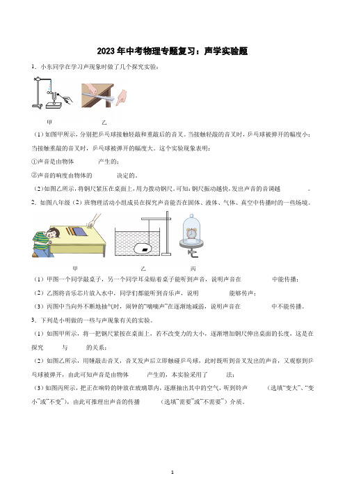 2023年中考物理二轮专题复习：声学实验题