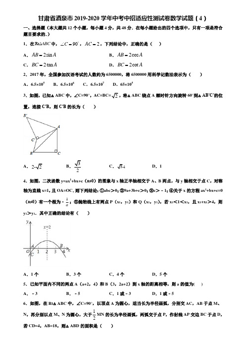 甘肃省酒泉市2019-2020学年中考中招适应性测试卷数学试题(4)含解析