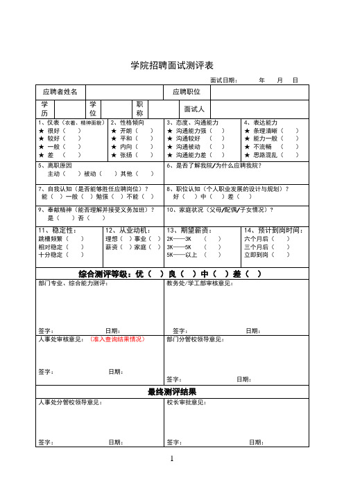 学院招聘面试测评表