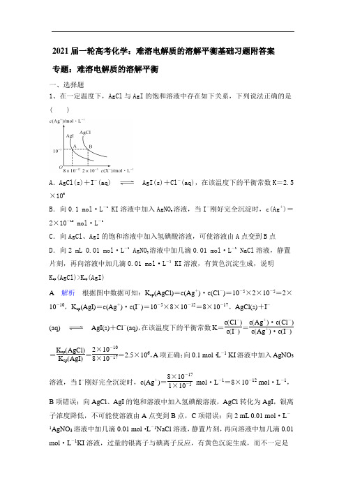 2021届一轮高考化学：难溶电解质的溶解平衡基础习题附答案