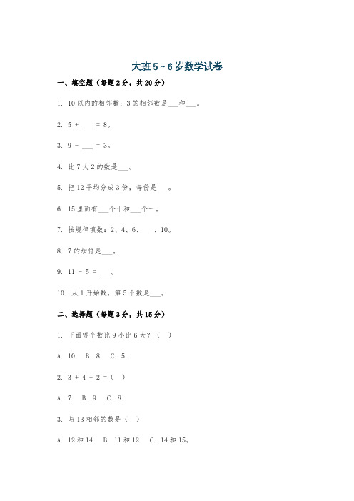 大班5～6岁数学试卷