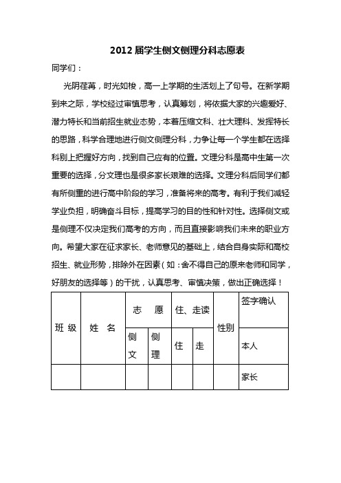 2012文理分科志愿表