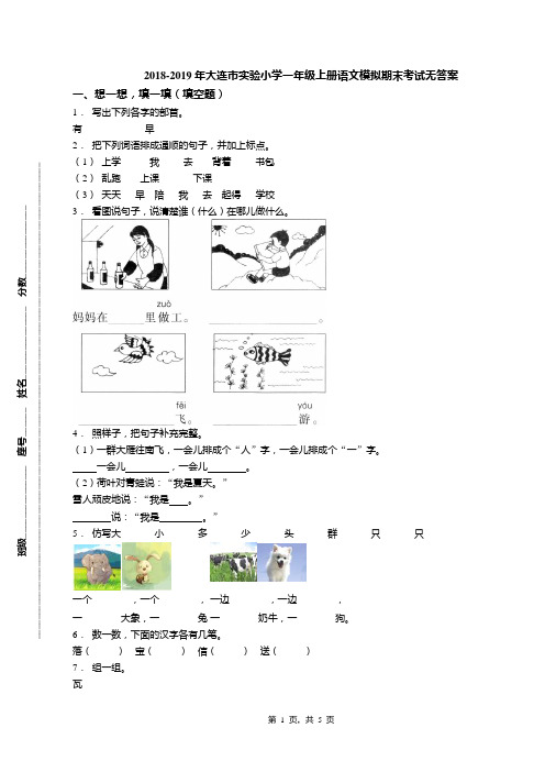 2018-2019年大连市实验小学一年级上册语文模拟期末考试无答案