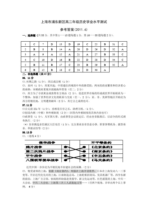 上海市浦东新区高二年级历史学业水平测试答案定