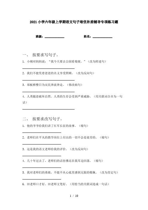 2021小学六年级上学期语文句子培优补差辅导专项练习题