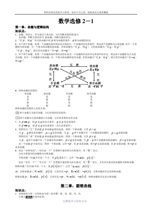 高中数学选修2-1知识点总结