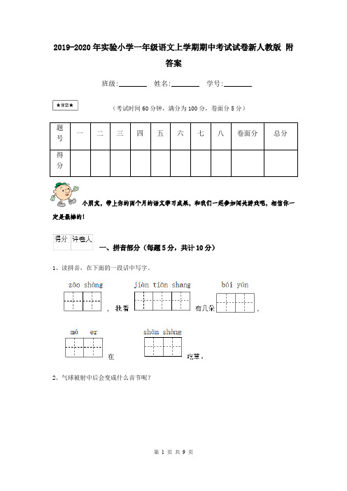 2019-2020年实验小学一年级语文上学期期中考试试卷新人教版 附答案