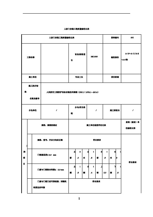 人防门安装工程质量验收记录