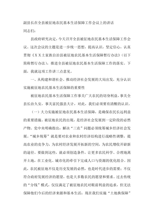 副县长在全县被征地农民基本生活保障工作会议上的讲话-会议发言