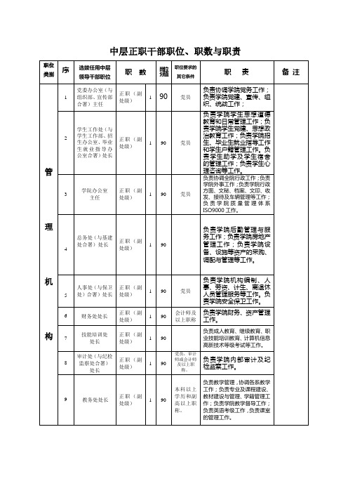 中层正职干部职位职数与职责