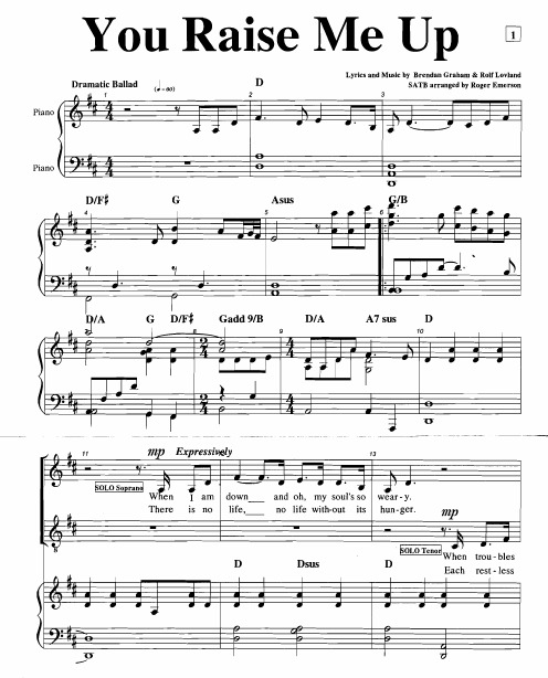 SATB《You Raise Me Up》合唱谱