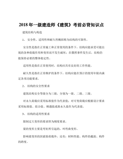 2018年一级建造师《建筑》考前必背知识点