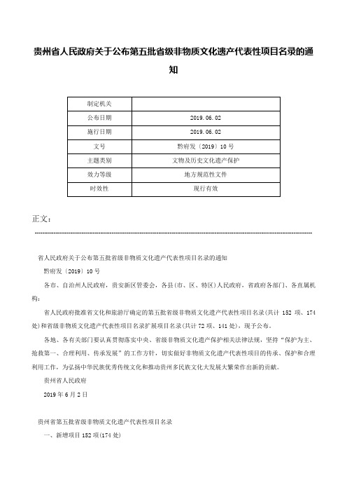 贵州省人民政府关于公布第五批省级非物质文化遗产代表性项目名录的通知-黔府发〔2019〕10号