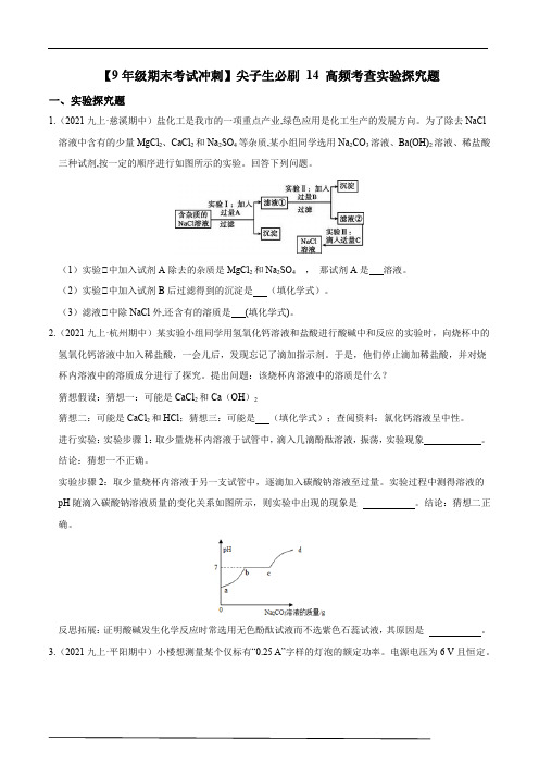 初中科学精品试题：九年级实验探究题(含答案)