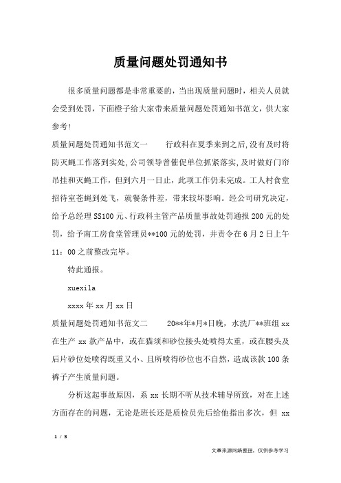 质量问题处罚通知书_行政公文