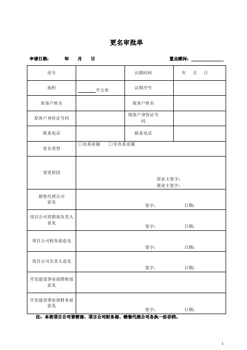 更名审批单