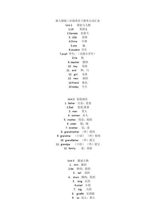 新人教版三年级英语下册单元词汇表