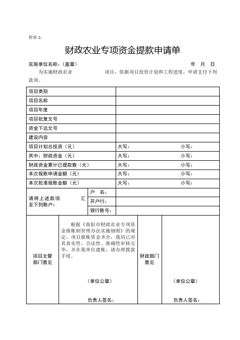 附表1财政农业专项资金提款申请单