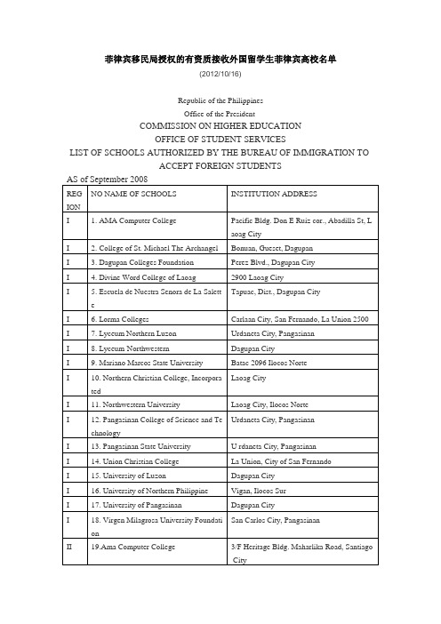 菲律宾移民局授权的有资质接收外国留学生菲律宾高校名单