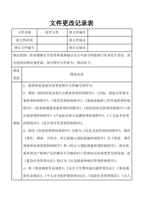 公司程序文件更改记录表