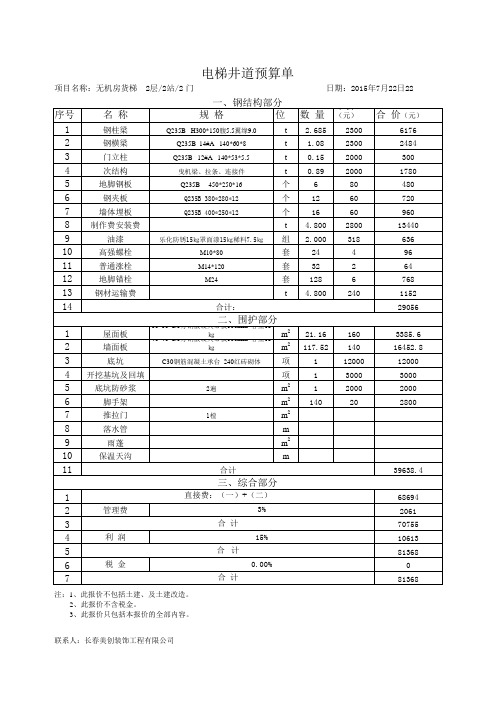 电梯井道预算