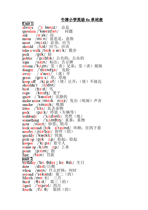 牛津小学英语6A单词(含音标)