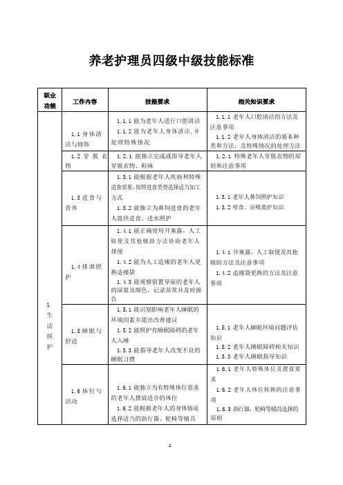 养老护理员四级中级技能标准