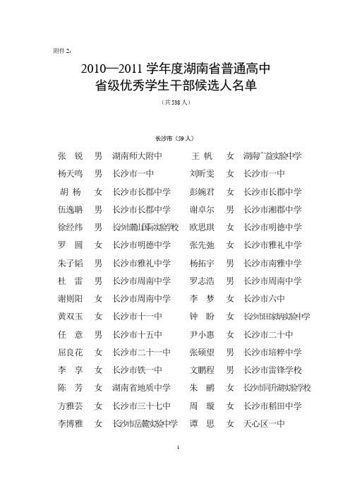 2010-2011学年度湖南省普通中小学省级三好学生和优秀学生