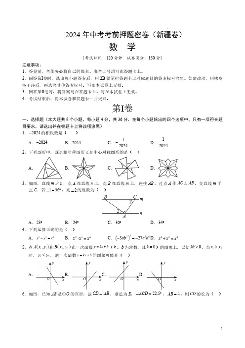 2024年中考数学考前押题密卷(新疆卷)(考试版A4)