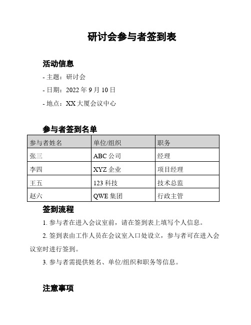 研讨会参与者签到表