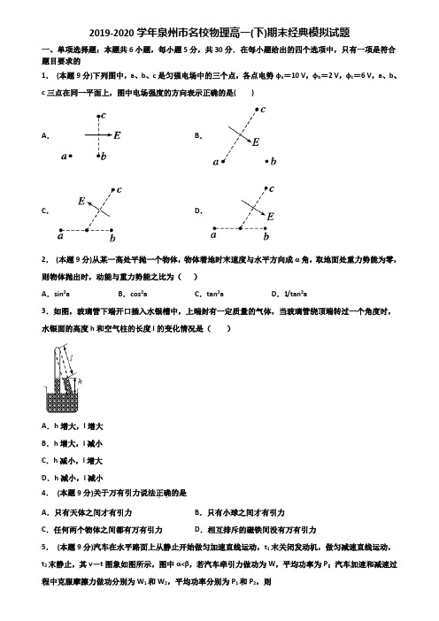 2019-2020学年泉州市名校物理高一(下)期末经典模拟试题含解析