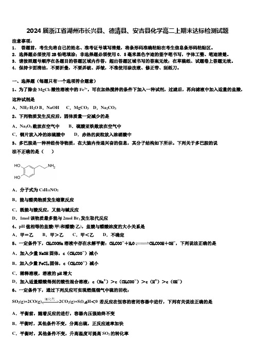 2024届浙江省湖州市长兴县、德清县、安吉县化学高二上期末达标检测试题含解析