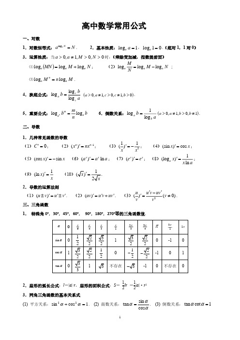 高中数学常用公式(理科珍藏版)