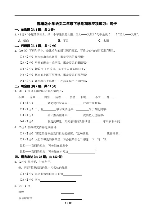 部编版小学语文二年级下学期期末专项练习：句子