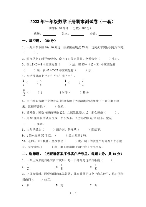 2023年三年级数学下册期末测试卷(一套)