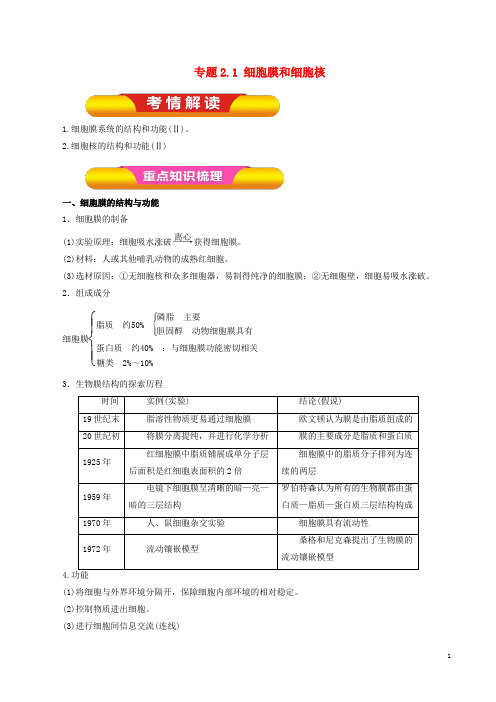 高考生物一轮复习专题2.1细胞膜和细胞核教学案