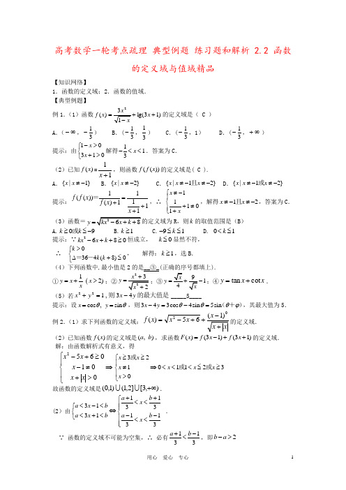 高考数学一轮考点疏理 典型例题 练习题和解析 2.2 函数的定义域与值域精品