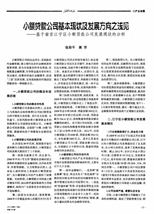 小额贷款公司基本现状及发展方向之浅见——基于南京江宁区小额贷款公司发展现状的分析